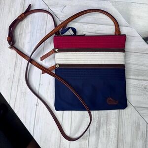 Dooney & Bourke Nylon Crossbody Bag Triple Zip‎ Navy Red Cream Leather Strap USA